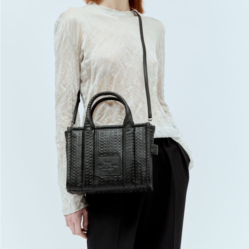 NWT {MARC JACOBS} BLACK The SMALL Tote Bag Croc Embossed Leather Tote -Crossbody